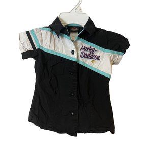 Harley Davidson Shirt Button Up Logo Short Sleeve Black Multicolor Youth Kids